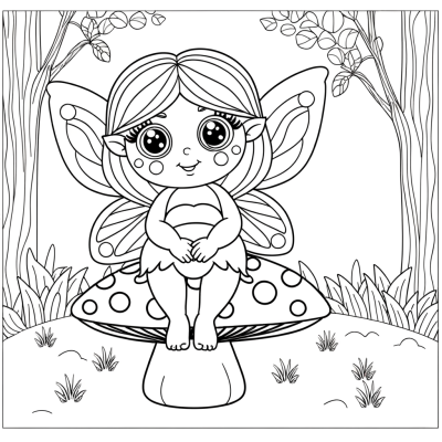 Coloring page of a cartoon fairy sitting on a mushroom in an enchanted forest with trees and magical elements