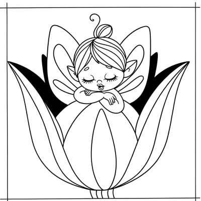 Cartoon fairy sleeping peacefully curled up inside a flower bud coloring page