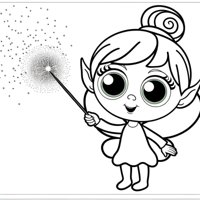 Cartoon fairy coloring page showing a cute fairy character with wings holding a magic wand and sprinkling glittering dust