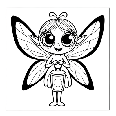 Cartoon fairy with gossamer wings holding a glowing lantern coloring page outline