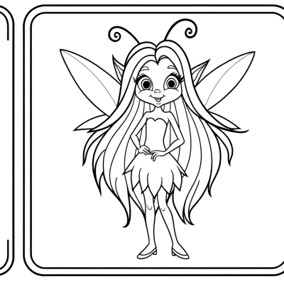 Cartoon fairy coloring page with long flowing hair and pointed ears