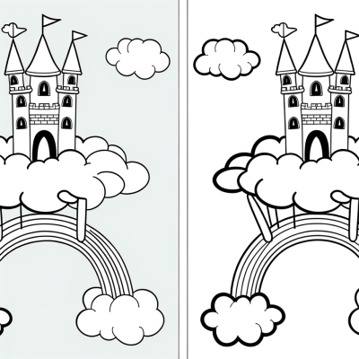 Cartoon floating castle in clouds with rainbow bridge coloring page
