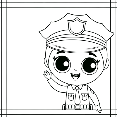 Cartoon friendly police officer waving hello coloring page for kids