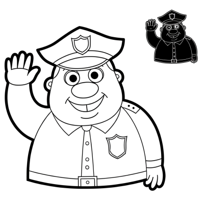 Coloring page of a friendly cartoon police officer in uniform waving hello with a big smile