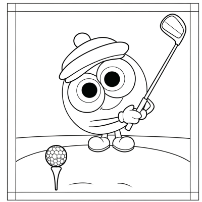 Cartoon golfer character swinging golf club at ball on tee coloring page