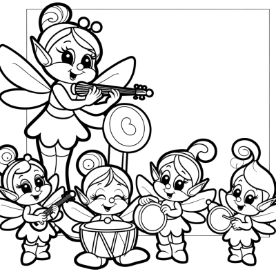Cartoon fairies playing musical instruments coloring page