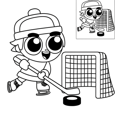 Cartoon hockey player shooting puck into goal coloring page for kids