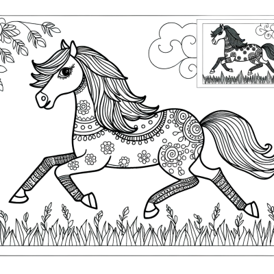 Coloring page of a cartoon horse galloping in a meadow