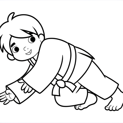 Cartoon judo athlete performing throw technique coloring page