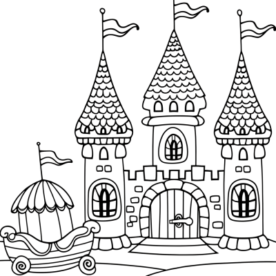 Cartoon fairy tale castle coloring page with tall towers and flags