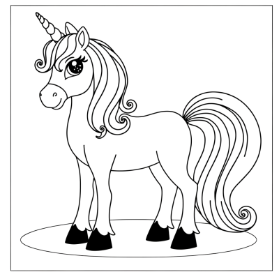 Cartoonlike magical unicorn with flowing mane and tail