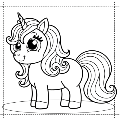 Cartoon magical unicorn coloring page with flowing mane and tail standing proudly