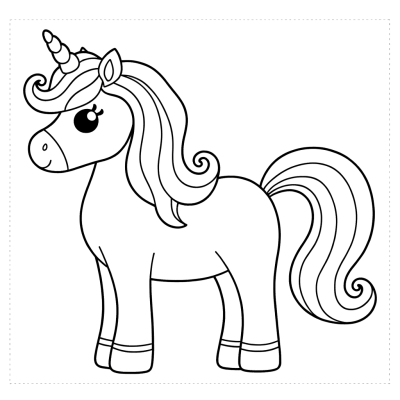 Cartoon magical unicorn coloring page with flowing mane and tail standing proudly
