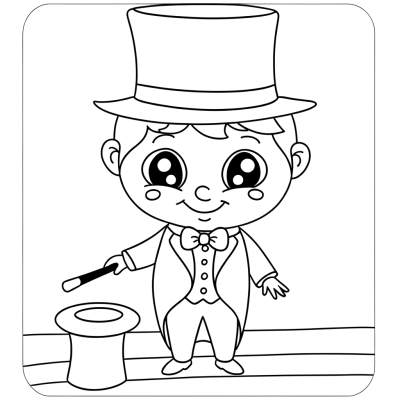 Cartoon magician performing magic trick at party coloring page