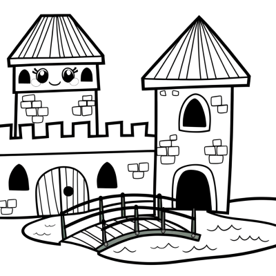 Cartoon medieval castle coloring page with drawbridge over moat
