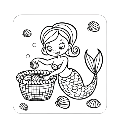 Cartoon mermaid with long flowing hair collecting seashells in a woven basket underwater coloring page