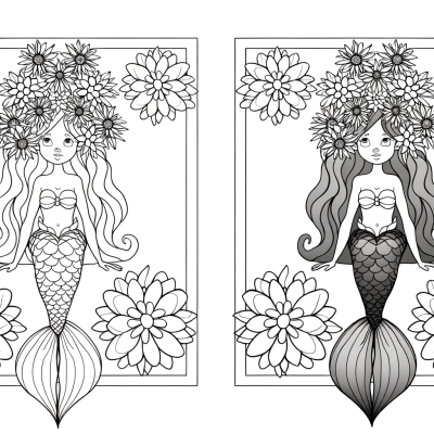 Cartoon mermaid with long flowing hair decorated with sea flowers coloring page outline