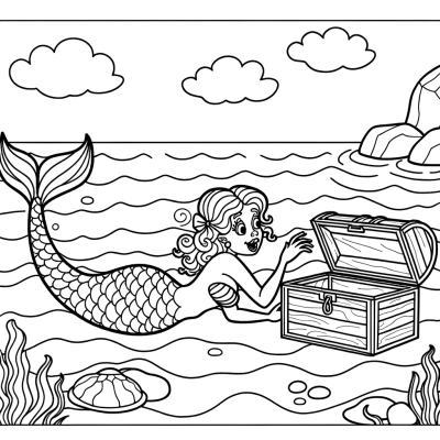Cartoon mermaid discovering treasure chest coloring page with ocean floor scene