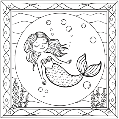 Cartoon mermaid coloring page showing a peaceful mermaid floating with closed eyes