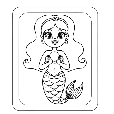 Cartoon mermaid coloring page showing a friendly mermaid character holding a glowing pearl with detailed fins and flowing hair