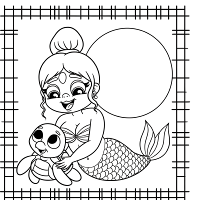 Coloring page showing a cartoon mermaid with flowing hair hugging a smiling sea turtle underwater