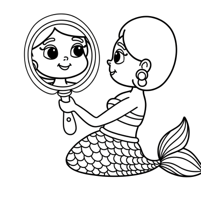 Cartoon mermaid coloring page showing a mermaid looking at herself in a hand mirror