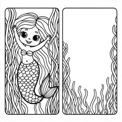 Cartoon mermaid coloring page showing a cute mermaid hiding behind seaweed underwater