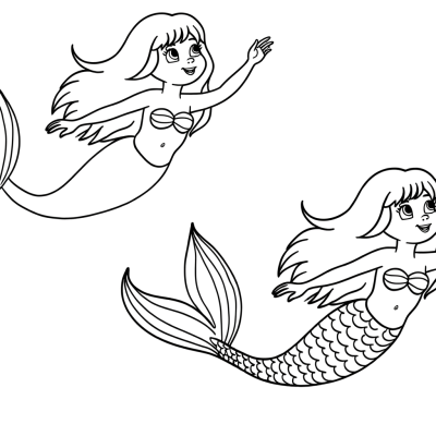 Cartoon mermaid coloring page showing graceful mermaid swimming with flowing tail fin