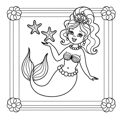 Cartoon mermaid coloring page with pearl necklace and starfish in hair