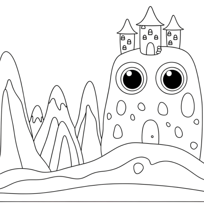 Cartoon mountain castle coloring page showing a fantasy fortress built into rocky cliffside with towers and walls
