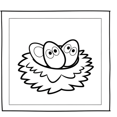 Cartoon style Easter nest coloring page with decorative eggs inside for kids to color