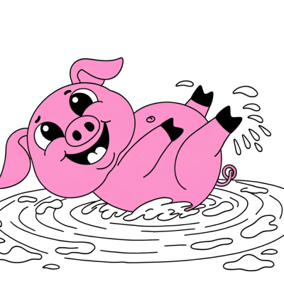 A cartoonlike pink pig rolling happily in mud
