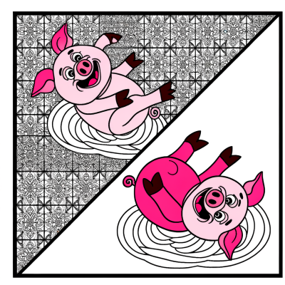 Cartoon-like pink pig rolling happily in mud