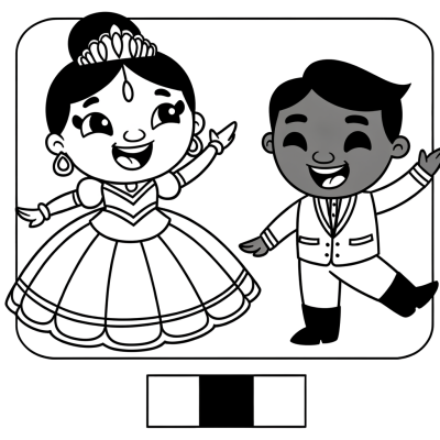 Coloring page of cartoon princess and prince dancing together at royal ball