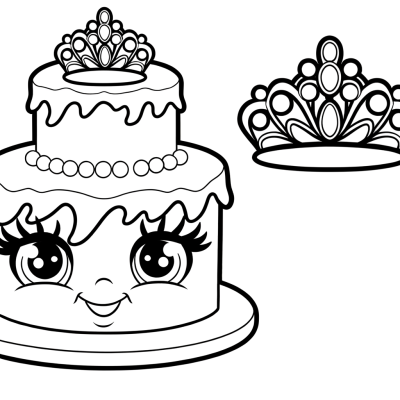 Cartoon princess birthday cake coloring page with decorative tiara