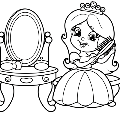 Cartoon princess with long flowing hair sitting at vanity table brushing her hair coloring page