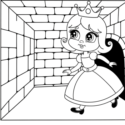 Cartoon princess character exploring a secret passage in a castle coloring page