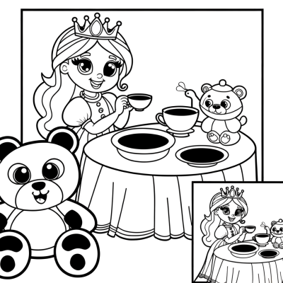 Cartoon princess having tea party with stuffed animals coloring page