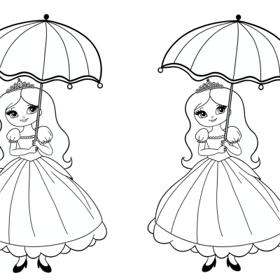 Cartoon princess coloring page with flowing summer dress and parasol