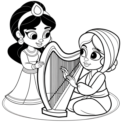 Coloring page of cartoon princess learning to play harp with music teacher
