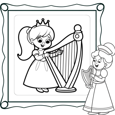 Cartoon princess sitting at harp with music teacher coloring page