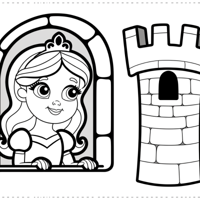 Cartoon princess looking out castle tower window coloring page