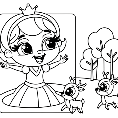 Coloring page of cartoon princess making friends with woodland animals including rabbits, deer, and birds in forest
