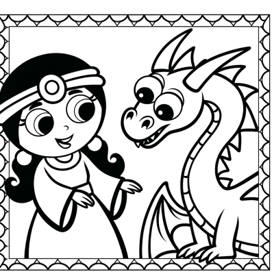 Coloring page illustration of a cartoon princess meeting a friendly dragon