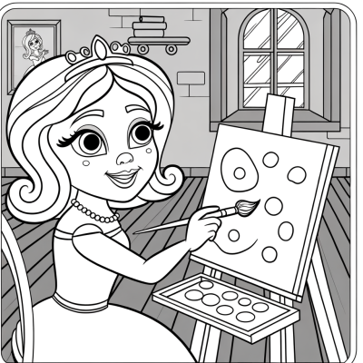 Cartoon princess painting at easel in art room coloring page