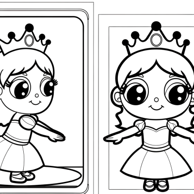 Coloring page of a cartoon princess in a flowing dress practicing curtsying in front of an ornate mirror
