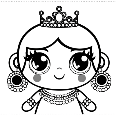 Cartoon princess coloring page showing a young princess putting on jewelry and accessories