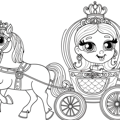 Cartoon princess in decorated horse-drawn carriage coloring page for children