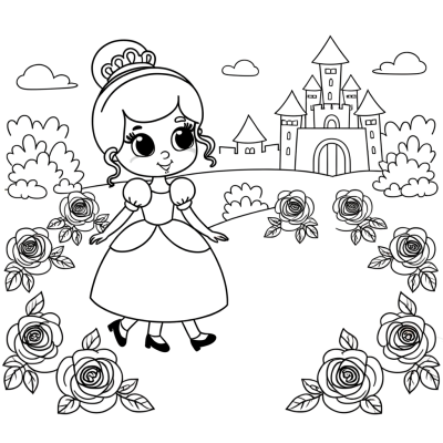 Cartoon princess walking through castle rose garden coloring page