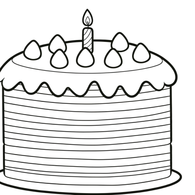 Cartoon rainbow birthday cake coloring page with multiple layers for kids to color